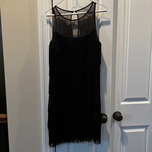 White House Black Market NWT Black Flapper Style Mini Dress Size Medium Fringe